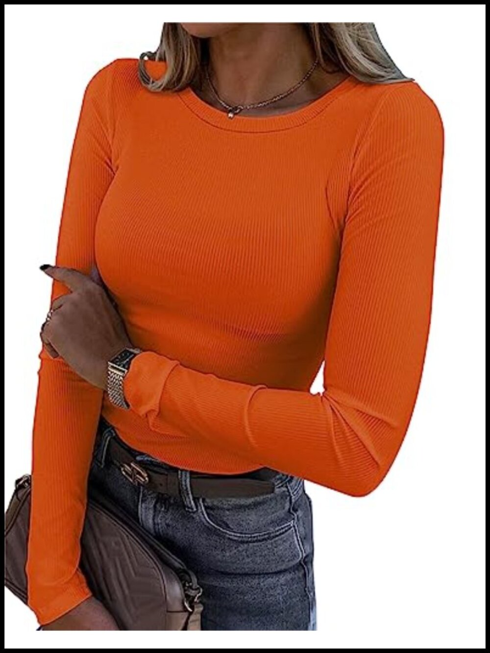 Ribbed Knit Long Sleeve Crewneck Fitted T-Shirt Slim Fit Basic Top